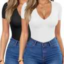HOTOUCH Deep V Neck Tops for Women Sexy Low Cut Summer Ribbed Knit T Shirts Slim Fit Stretchy Basic Fashion Tee (Large, 2 Pack-black/White)