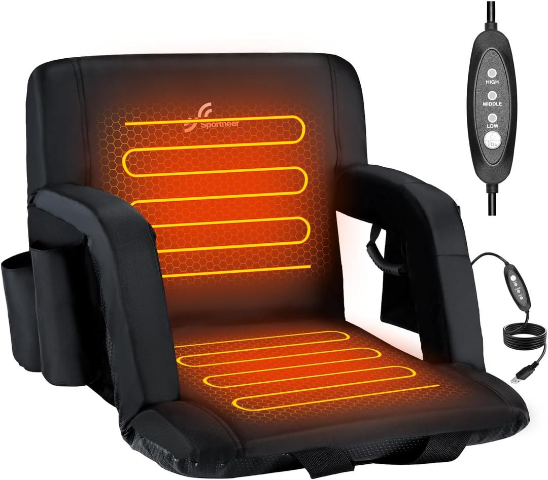 Sportneer Heated Stadium Seats for Bleachers: 3 Heated Modes 6 Reclining Positions Stadium Seats with Back Support for Sport Events Parks Concerts - 2.5'' Thick, 20.5''/24'' Wide Bleacher Chair
