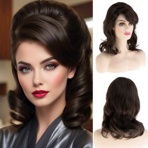 Bouffant Beehive Wig Long Wavy Dark Brown Vintage Halloween Costume Party Wig