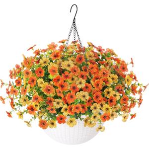 Artificial Fake Fall Hanging Mums Flowers Plants Basket for Outdoor Outside, Autumn Faux Silk Look Real UV Resistant Orange Yellow Daisy in Planter for Porch Patio Garden Yard (Orangeyellow)