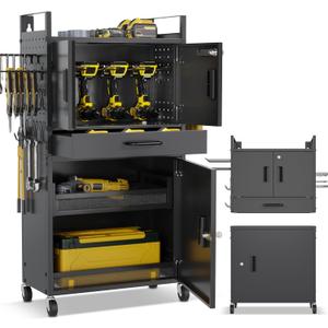 Heavy Duty 4-Tier Power Tool Organizer Wall Mount - Modular Drill Holder Wall Mount with Wheels, Lockable Doors - Versatile Shelf Rack Hanging Station, Tool Organizers and Storage for Garage