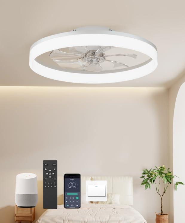 20'' Flush Mount Ceiling Fan with Light, Low Profile Smart Ceiling Fan, 6-Speed & Dimmable LED, Alexa/Google Home Voice Control,Reversible Airflow, App Timer, Memory Function for BedroomWhite