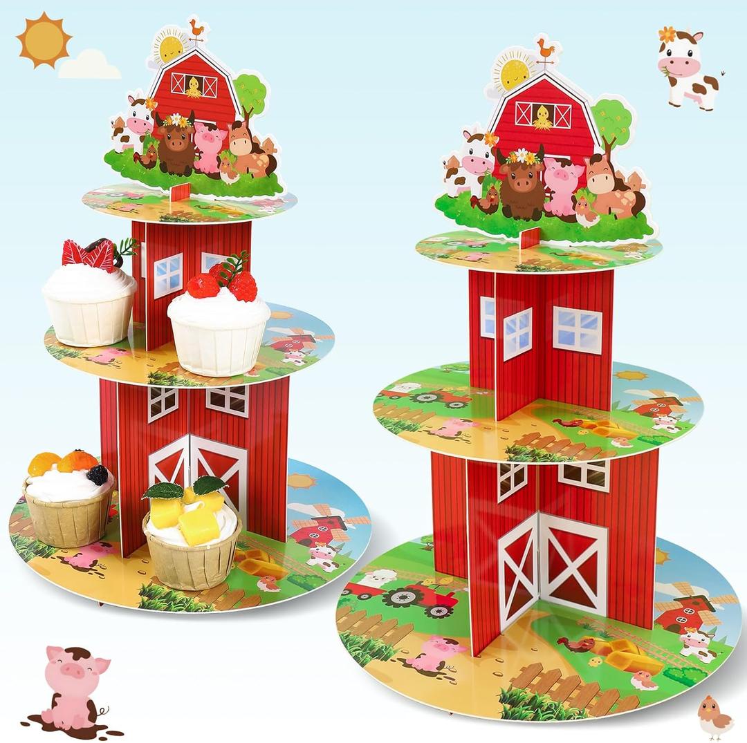 2Pcs Farm Cupcake Stand - 3 Tier Farm Animals Theme Birthday Party Decorations Cardboard Cake Holder Dessert Tower for Kids Barnyard Farmhouse Farmstand Baby Shower Party Supplies Favors
