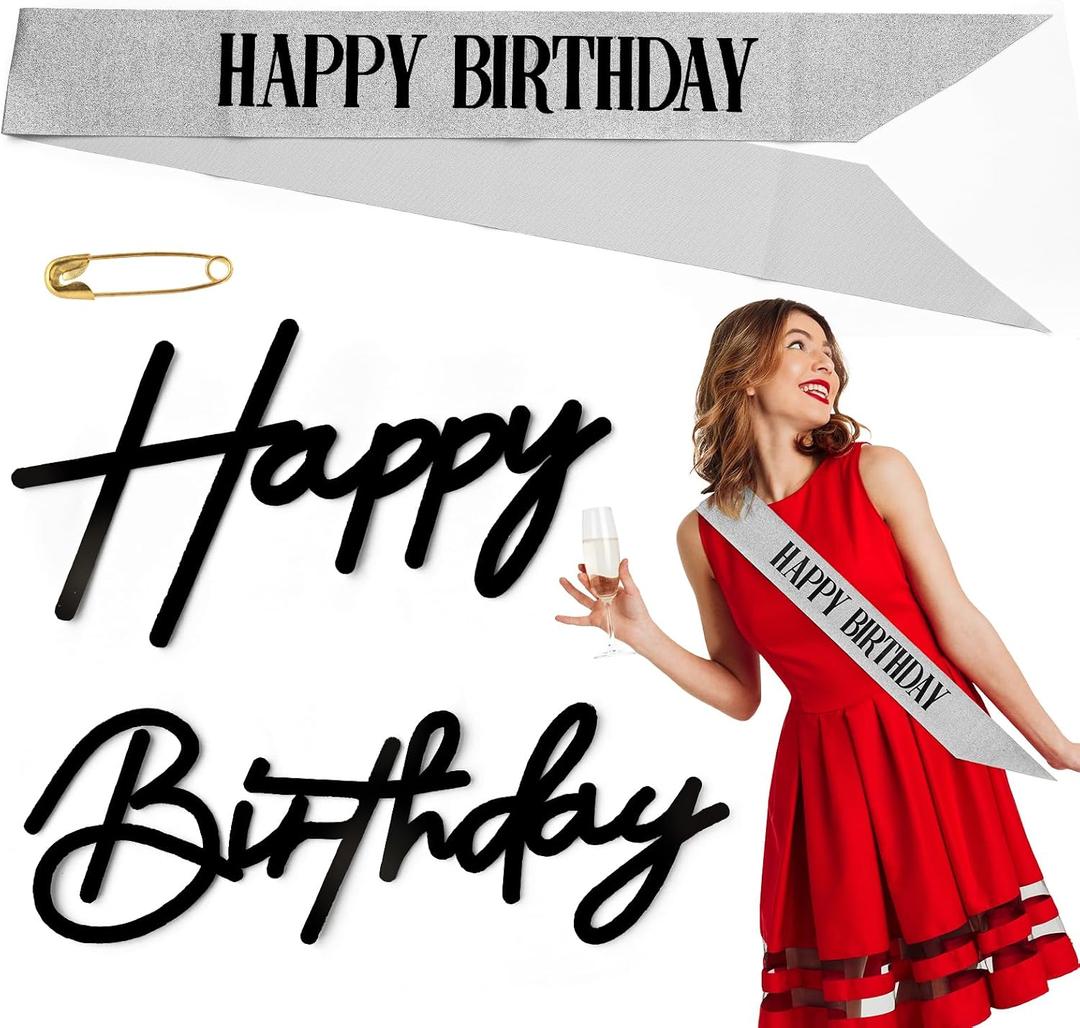 2 x Happy Birthday Sign and Sash Set - Black Felt Birthday Sign for Backdrop with Adjustable Gold Birthday Sash for Women, Girls, Party Decorations & Photo Props