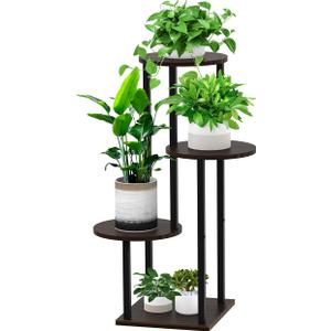 YOCOMEY 4 Tier Wood Tall Plant Stand Metal Rack Indoor, Multiple Flower Pot Holder Shelves Corner Rack, Planter Shelf Display Rack Storage Organizer for Patio Living Room Balcony Garden(Black Oak)