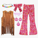 8 Pcs Girls Kids 60s 70s Hippie Costume Disco Outfits Fringe Vest Boho Bell Bottoms Hippie Outfits Accessories Set 2XL