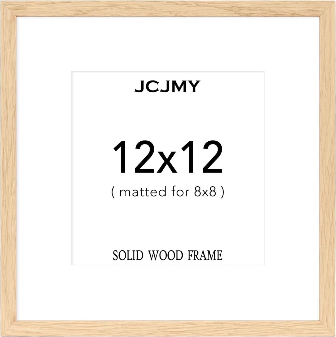 JCJMY 12x12 Solid Wood Picture Frame, Display 8x8 with Mat or 12 x 12 without Mat, Wooden 12 by 12 Photo Frame with Shatter Resistant Plexiglass for Wall Hanging, 1 Pack, Natural
