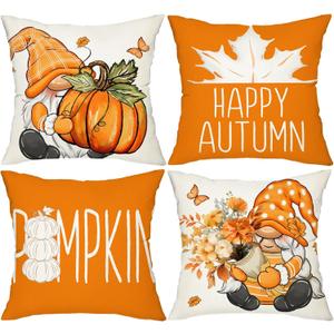 Gnomes Pumpkin Happy Fall Throw Pillow Covers 20x20 Set of 4 Burnt Orange Rust Modern Farmhouse Happy Autumn Maple Leaf Decorations for Sofa Couch Porch Bed Living Room