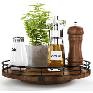 Farmhouse Oak 10" Lazy Susan Turntable Organizer for Cabinet, Round Wooden Lazy Susan Organization and Storage for Dining Table, Pantry, Kitchen, Countertop, Cupboard,Home Decor, Walnut Wood