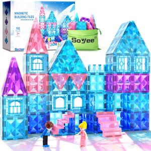 Magnetic Tiles 102pcs with 2 Stairs 2 Dolls Princess Castle Building Girls Toys Age 4-5 6-8 Magnetic Blocks Birthday Xmas Gifts for Girls Toys for 3 4 5 6 7 8+ Year Old (Blue)