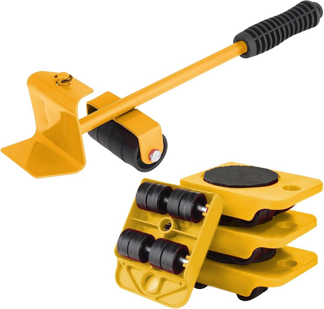 Huakaile Heavy Duty Furniture Lift Mover Tool Set, 1322 Lbs Load Capacity Furniture Lifter with Wheels Pallet, Adjustable Appliance Rollers Dolly for Table Refrigerator Floors Cabinet (Yellow)