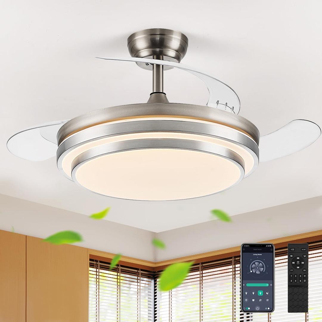 FIDGRA 42 Inch Fandelier Ceiling Fan with Light, Retractable Ceiling Fan with Lights for Bedroom Living Room Dinning Room, Chandelier with Fan 6 Speed, 3 Color Temperature-Brushed Nickel
