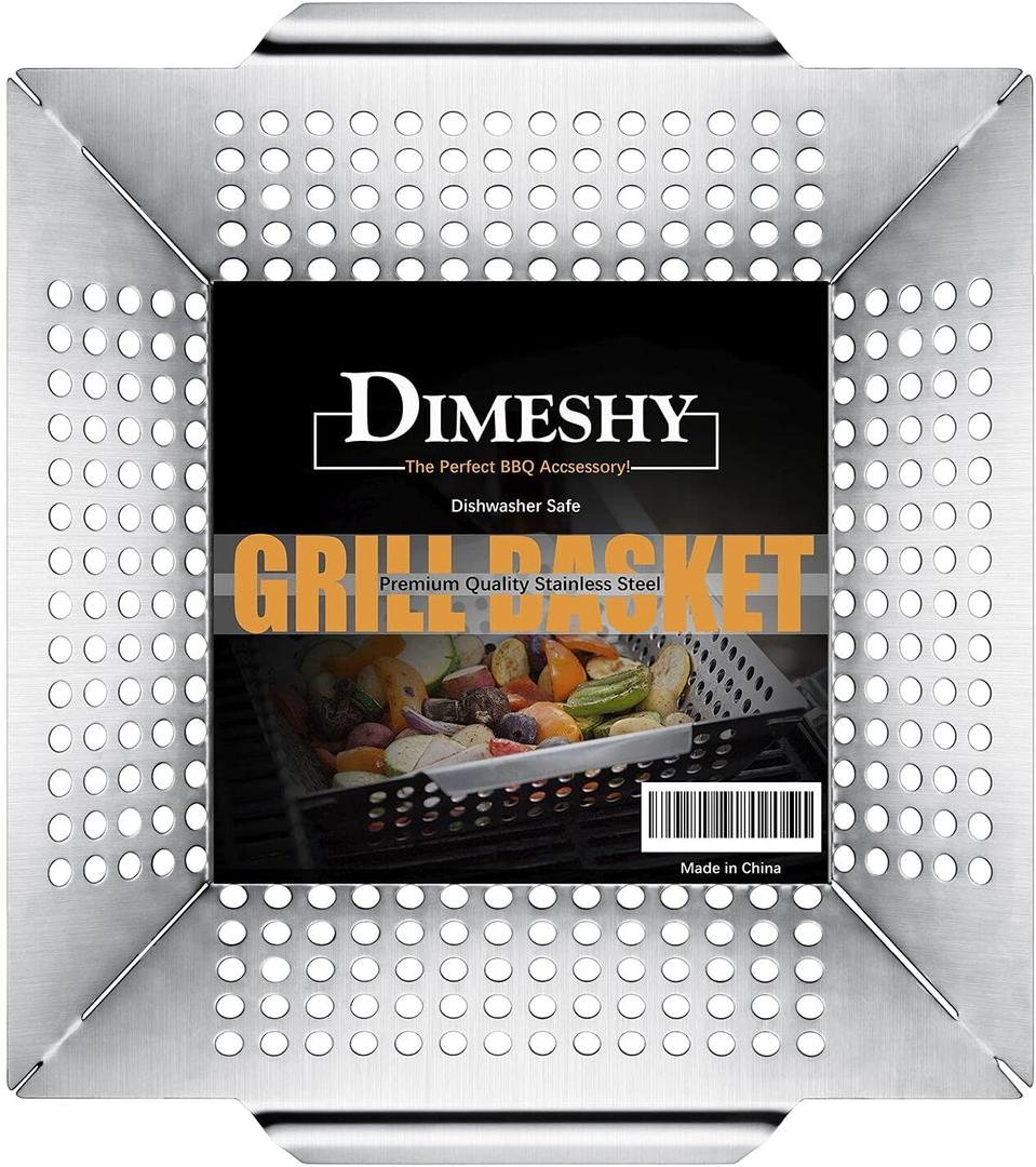 Stainless Steel Grill Basket, Large 12 Inches BBQ Accessories for Vegetable, Shrimps, Kabobs,Work for All Grill by DIMESHY