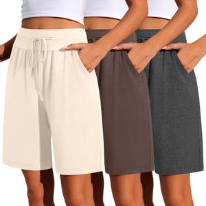 Neer 3 Pack Bermuda Shorts for Women Wide Leg High Waisted Drawstring Gym Lightweight Baggy Shorts with Pockets