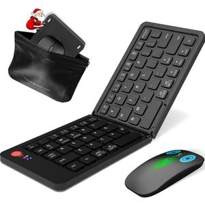 Wireless Bluetooth Keyboard & Mouse Combo, Foldable Keyboard and Mouse with Phone Holder,Compatible with iOS, Windows, Android, Smartphones, Laptops, etc. (Deep Black)
