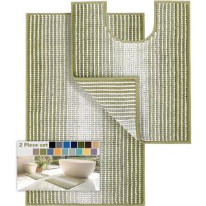 Bathroom Rugs Sets 2 Piece, Toilet Rugs U-Shaped, Contour Bath Mat Rugs Set for Toilet Bathroom, Soft Absorbent Chenille Bath Carpet, Quickly Dry, Washable (Linden Green, 32" x 20" + 24" x 20")