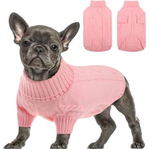 Queenmore Small Dog Pullover Sweater, Cold Weather Cable Knitwear, Classic Turtleneck Thick Warm Clothes for Chihuahua, Bulldog, Dachshund, Pug, Yorkie (Pink, X-Small)