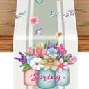 Spring Table Runner 72 Inches Long, Flower Vase & Butterfly Table Runner, Washable Wildflower Floral Spring Runner for Dining Table Decorations Home (Vase)