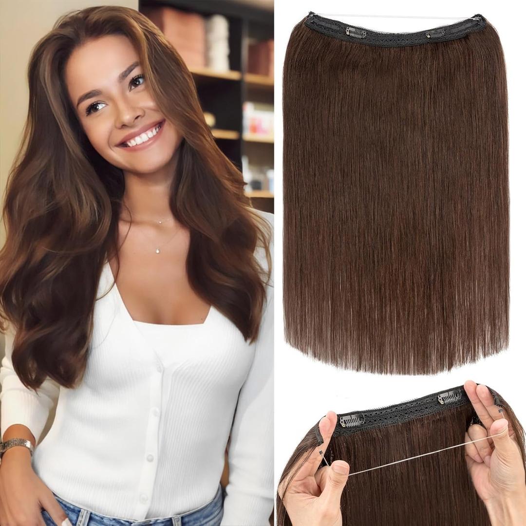 Rich Choices Halo Hair Extensions Real Human Hair Remy Hairs Halo Extension Invisible Wire Hairs Extension for Women Invisible Wire One Piece Clip in Hairpiece 16 Inch Straight-#2R Dark Brown