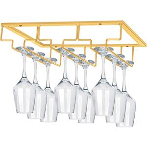 MOCOUM Under Cabinet Stemware Rack, Glass Hanger Rack - Wire Wine Glass Holder Storage Hanger for Cabinet, Kitchen, Bar (3 Rows 1 Pack, Gold)