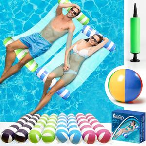 4 Pack Inflatable Pool Hammock Floats with Air Pump and Beach Ball, 4-in-1 Water Hammock Chair, Saddle, Lounge, and Drifter, Adult Size Pool Floaties for Swimming Pool