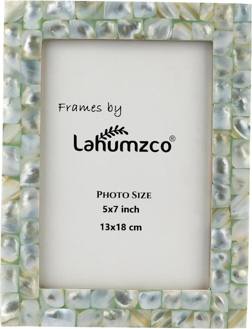 Lahumzco Mother of Pearl Photo Frame 5x7  Handmade Decorative Picture Frame for Tabletop or Wall  Elegant Pearl Inlay Home Dcor for Living Room, Bedroom, Office (Green)