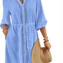 Bsubseach Swimsuit Coverup for Women V Neck Bathing Suit Cover Up with Pocket Drawstring Button Down Beach Shirt Dresses, Size: L