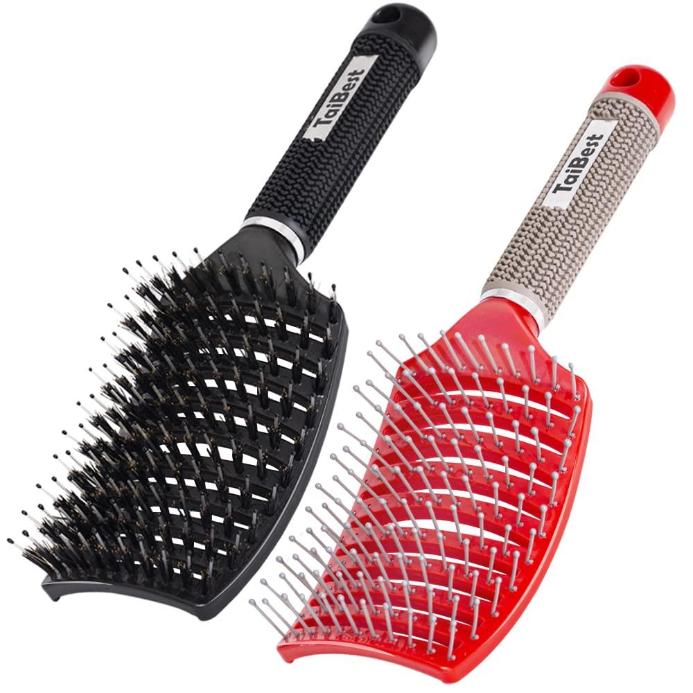 Boar Bristle Hair Brush Set - Dry/Wet Hair Brush Detangler for Fine, Thick, Curly Hair - Curved and Vented Hair Brush for Women, Men or Kids (Black & Red)