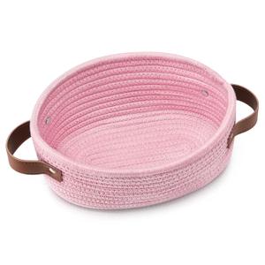 ABenkle Mini Woven Cotton Rope Storage Basket - Oval Decorative Shelf Gift Basket for Nursery, Empty - 9.4" x 5.9" x 3.9 (Pink)