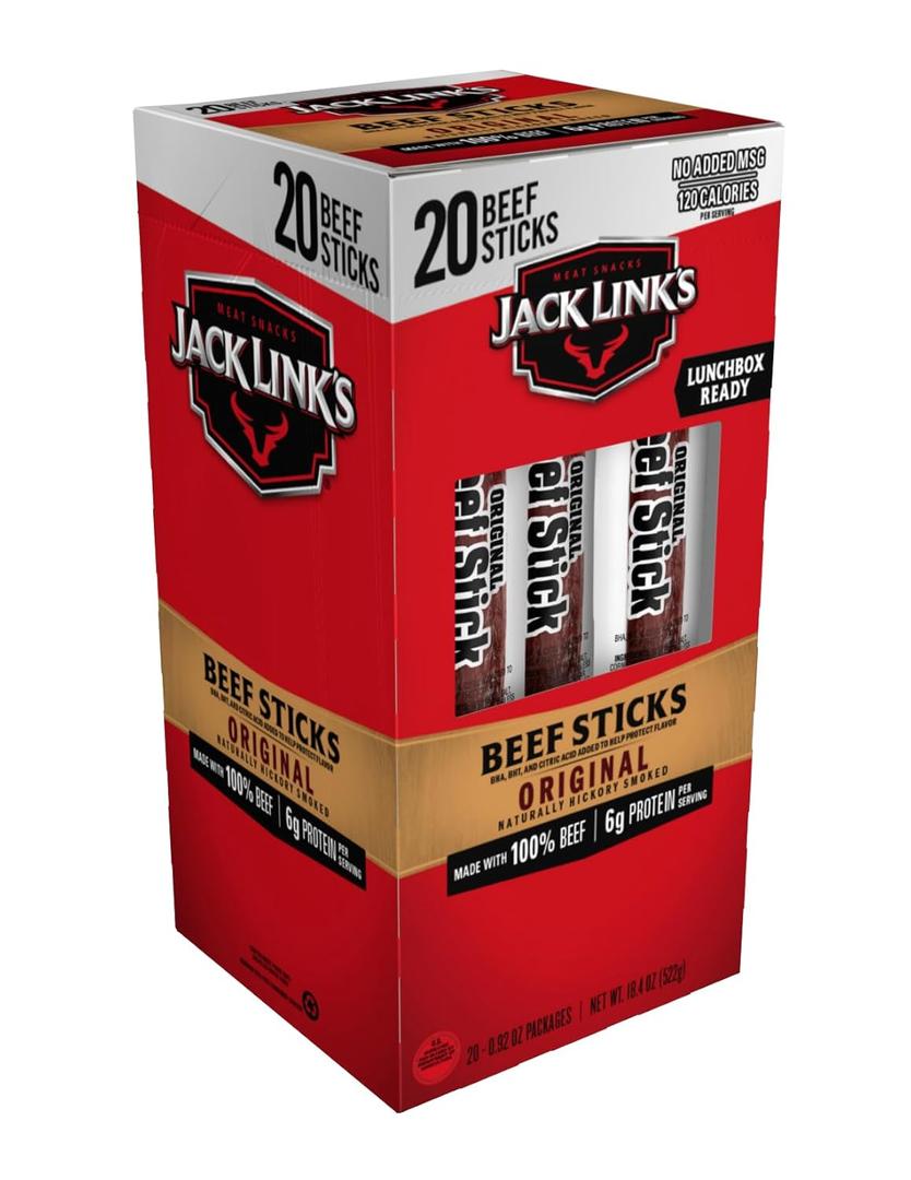 Jack Link's Beef Sticks, Original - Protein Snack, Meat Stick with 6g of Protein, Meat Snack Sticks Made with 100% Beef, Keto Friendly, Individually Wrapped - 0.92 Oz. (20 Count)