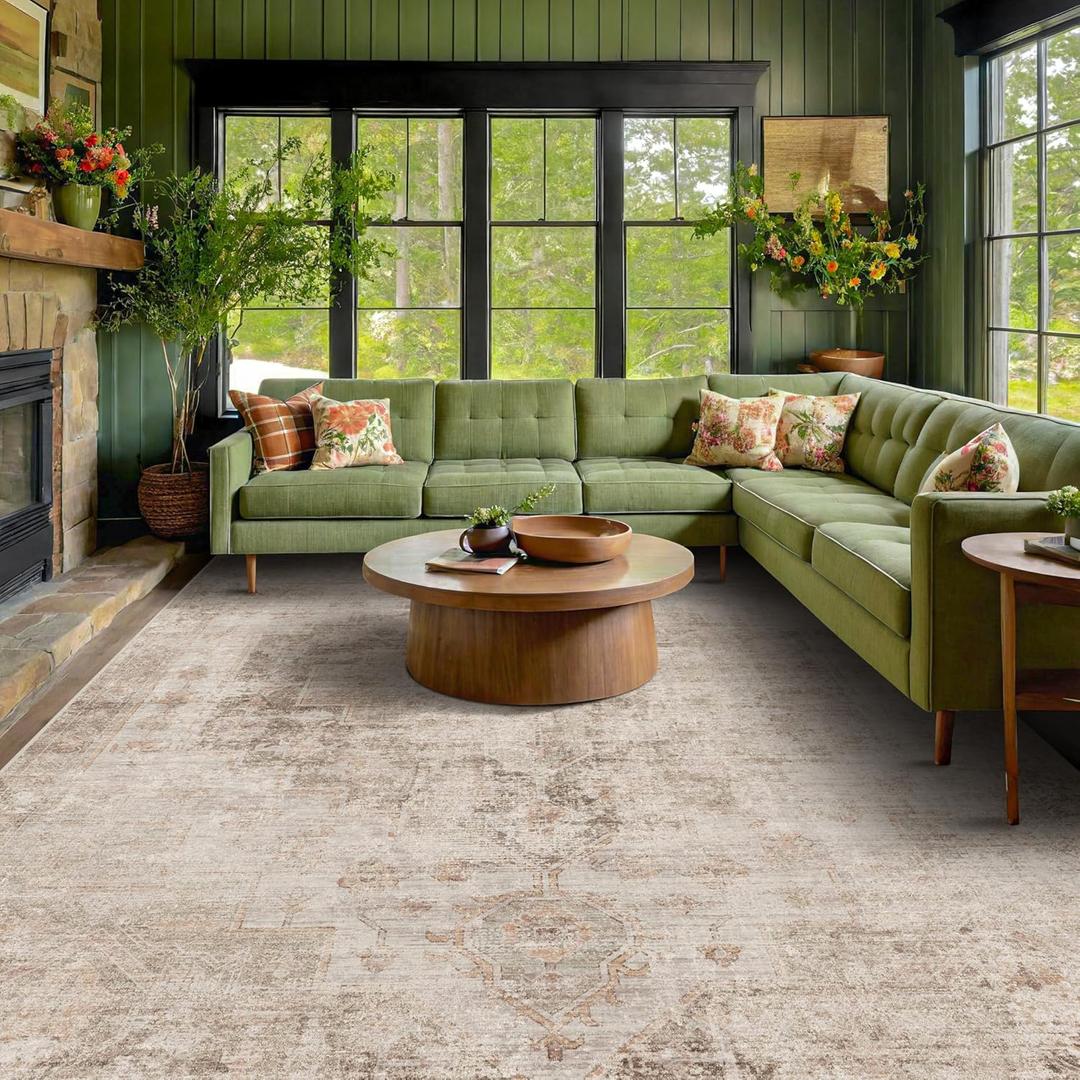 Neutral Living Room Rug - 10x14 Farmhouse Beige Brown Large Area Rug for Dining Room, Bedroom, Low Pile Lightweight Washable