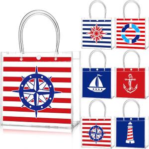 Teenyyou 24 Pcs Nautical Clear Gift Bags with Handles Cruise Party Favors PVC Goodie Treat Candy Tote Plastic Gift Bags for Sailing Theme Birthday Party Supplies