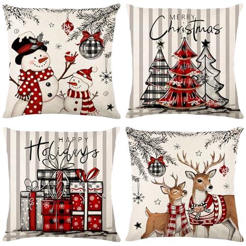 Aursaos Happy Holiday Merry Christmas Plaid Pillow Covers 18x18 Set of 4, Grey Striped Red Buffalo Plaid Snowman Tree Deer Decorative Winter Throw Pillow Case for Couch Sofa Living Room
