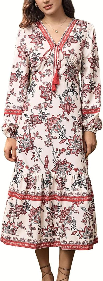 Sunny Spirit Womens Maxi Boho Dresses Floral Print Summer V Neck 2025 Flowy Tassel Long Casual Dress with Long Puff Sleeves (M)