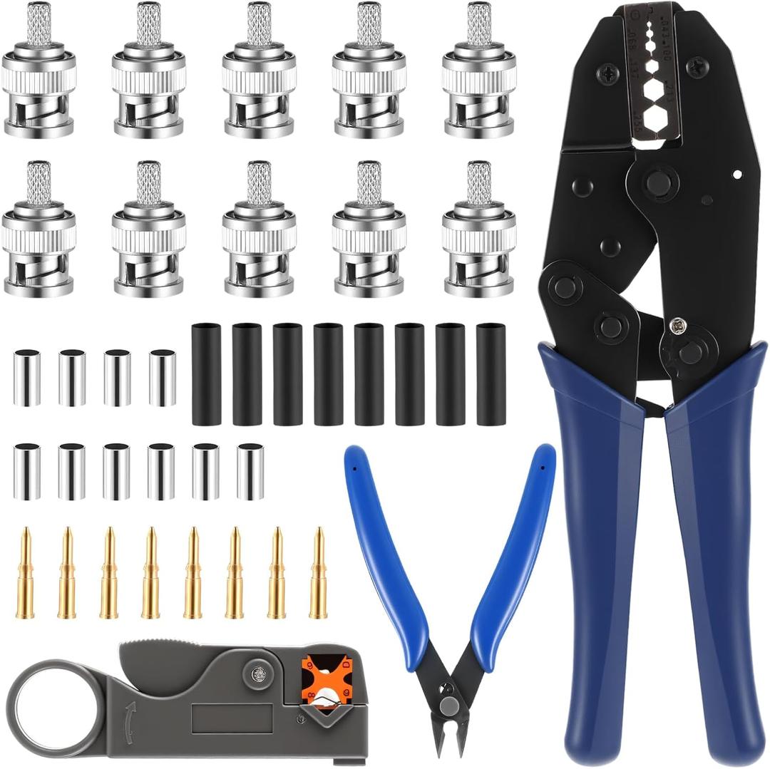 Coaxial Cable Tool Kit,BNC Crimp tool with 10PCS BNC Crimp Male Connector,Coaxial Cable Stripper Cutter,Wire Cable Cutter and Heat Shrink Tube for RG58/RG59/RG62/RG174
