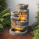 Teamson Home 33" Outdoor Water Fountain with LED Lights, 3 Tier Cascading Bowls, Weather-Resistant Resin Garden Water Feature for Patio, Lawn, and Backyard Decor Stone Gray