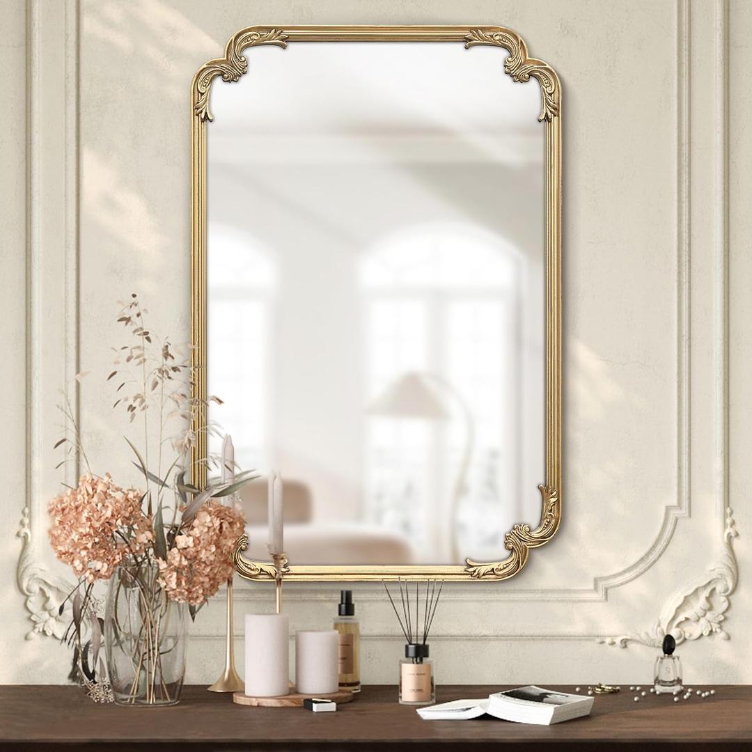 Ornate Gold Mirror, 24 x 36 Inches Antique Gold Mirror Retro Baroque Decorative Vintage French Country Wall Mirror for Living Room Bedroom Fireplace Mantle Entryway (36"L x 24"W)