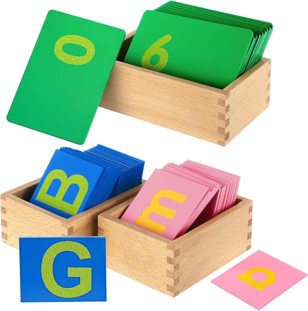 Henoyso 3 Sets Sandpaper Letters with Boxes Lower and Capital Case Sandpaper Numbers Sensory Tactile Letters Alphabet for Learning Education Easter Gift(Muted Tone)