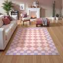 Morebes Checkered 5x7 Pink Rug for Bedroom Girls, Machine Washable Area Rug for Living Room Non Slip, Soft Low-Pile Nursery Carpet for Kids Room Dorm Dining Room (Pink,5'x7')