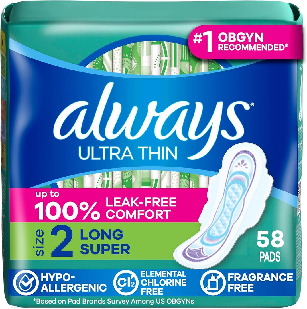 Always Ultra Thin Pads with Wings, Size 2, Long Super, 58 Count