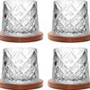 Rotatable Old Fashioned Glass, 275ml/10oz Crystal Whiskey Glass Set of 4, Wood Coaster, Thickening, Used as Rum Glass, Cocktail Cup, Coffee Cup, Milk Cup to Relax and Reduce Stress, Christmas gifts (Clear Diamond Style)