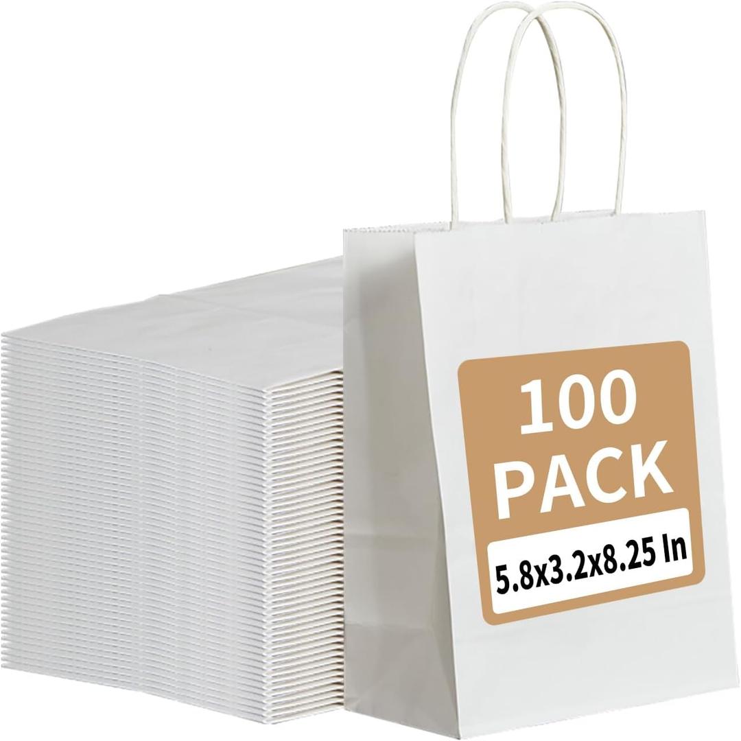 RACETOP 100 Pack Small Gift Bags 5.8x3.2x8.25 Inch White Kraft Paper Bags with Handles Bulk, Retail Shopping Bag for Birthday Party Favors, Grocery, Wedding, Craft