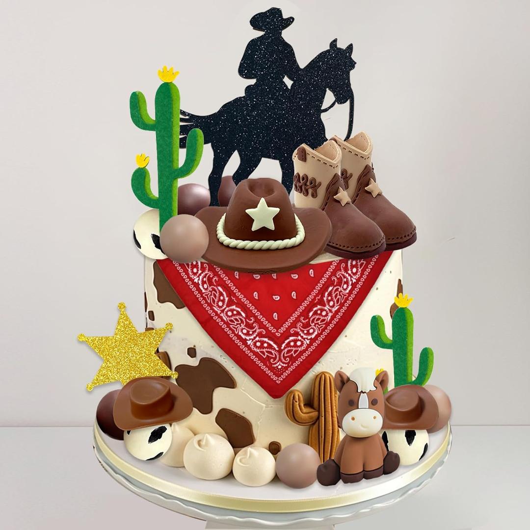 28pcs Cowboy Cake Topper Western Cowboy Hat and Boot Cupcake Toppers with Balls and Horseshoe Decorations for Western Theme Birthday Party Baby Shower Supplies