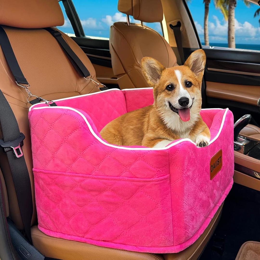 Dog Car Seat for Small Dogs, Memory Foam Dog Booster Seat for Medium Dogs Under 35lbs, Detachable and Washable Elevated Pet Car Seat with Storage Pockets (Rose Red, One Size)