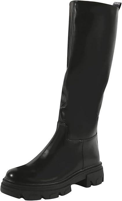 Generic Women's Knee-High Black Leather & Polyurethane Round Toe Platform Heel Tall Boots - Size 8 (Wide)