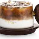 Bincoo Glass Coffee Cups and Saucers Set,250ML Clear Glass Iced Coffee Mug Espresso Cup Tea Cup with Walnut Coaster and Handle
