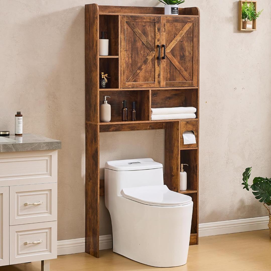 Over The Toilet Storage Cabinet, 32 Inches Width Farmhouse Storage Cabinet Over Toilet with 2 Barn Door, Toilet Paper Holder Stand, Toilet Rack for Bathroom, Restroom, Laundry, Brown