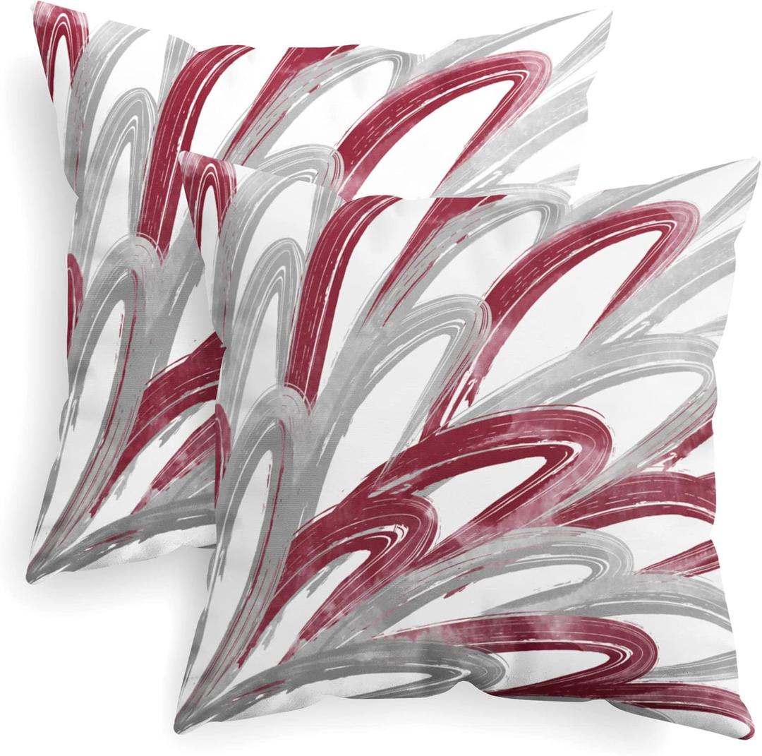 CaliTime Throw Pillow Cases Pack of 2 Cozy Fleece Two-Tone Abstract Feather Decorative Cushion Covers for Couch Bed Sofa Farmhouse Decoration 18 X 18 Inches Burgundy Grey