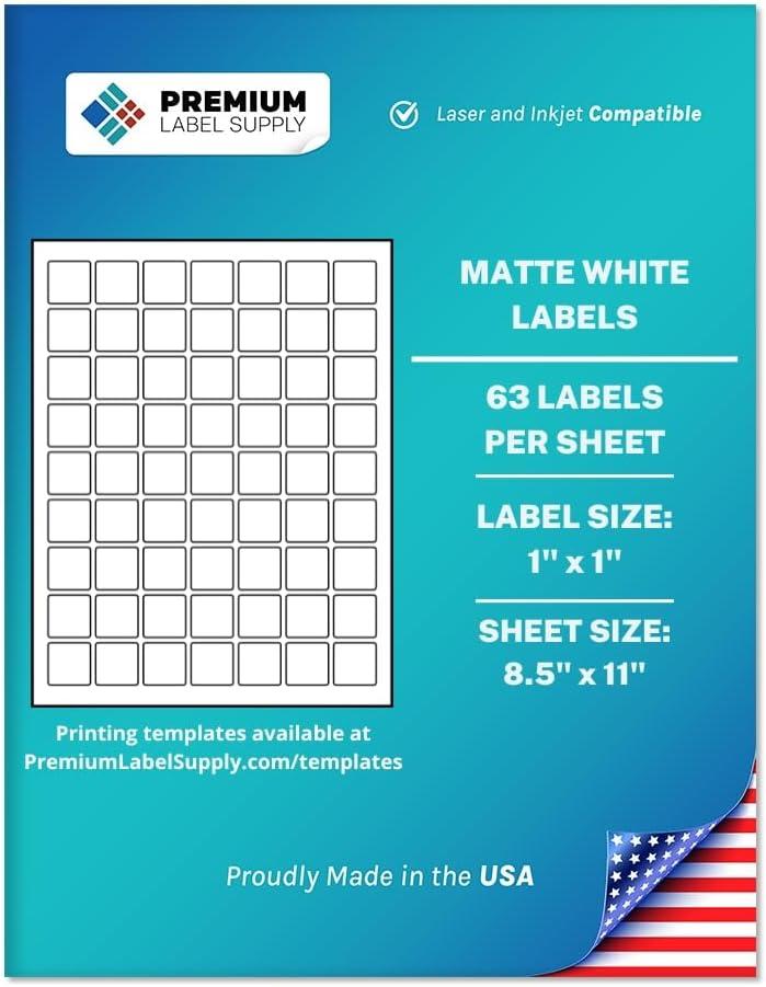 Premium Label Supply White Sticker Square Labels – 1" x 1" – Laser/ Inkjet Compatible – (63 per Sheet), 25 Sheets – 1575 Total Adhesive Labels