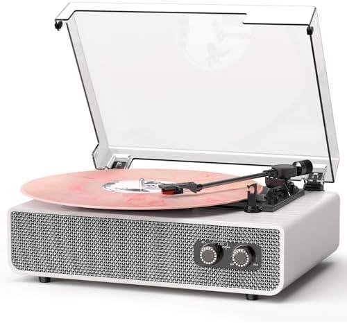 Bluetooth Vinyl Record Player with Built-in Stereo Speakers, Upgraded Sound Quality, 3-Speed Belt-Drive Turntable with Auto Stop, AUX/RCA, White Wood Grain Vinyl Player for Home Audio & Gift Use